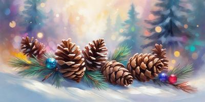 The primary subject of the image is a group of pine cones. They are arranged in a line, with some of them placed on a snowy surface. The setting is a snowy environment, and the visual style appears to be a painting or drawing. The colors in the image are predominantly white and brown, giving the scene a cold and wintry atmosphere.